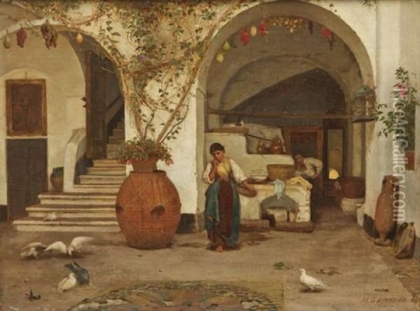 A Courtyard In Capri Oil Painting - Michael George Brennan