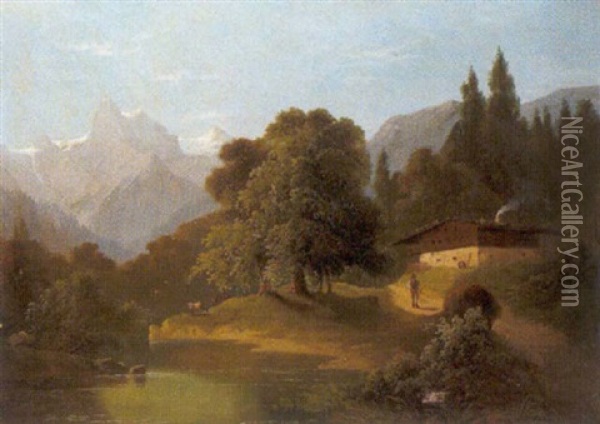 Idyllische Gebirgslandschaft Oil Painting - Theodore von Ehrmanns
