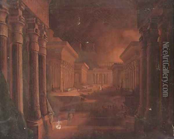 Figures among extensive Egyptian buildings Oil Painting - John Martin