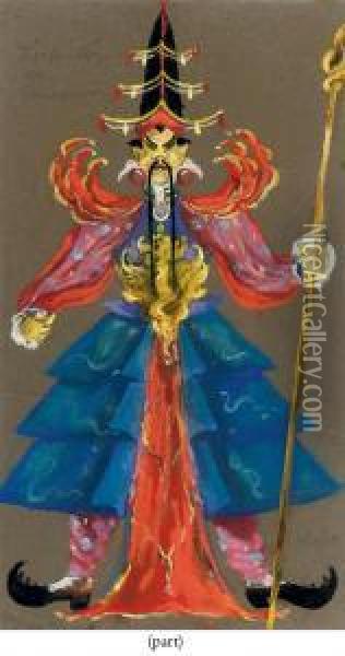 Four Costumes Designs For Chinese Figures Oil Painting - Heidi Schick