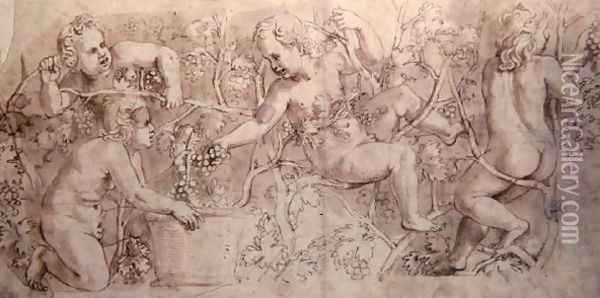 Putti Harvesting Grapes Oil Painting - Giulio Romano (Orbetto)