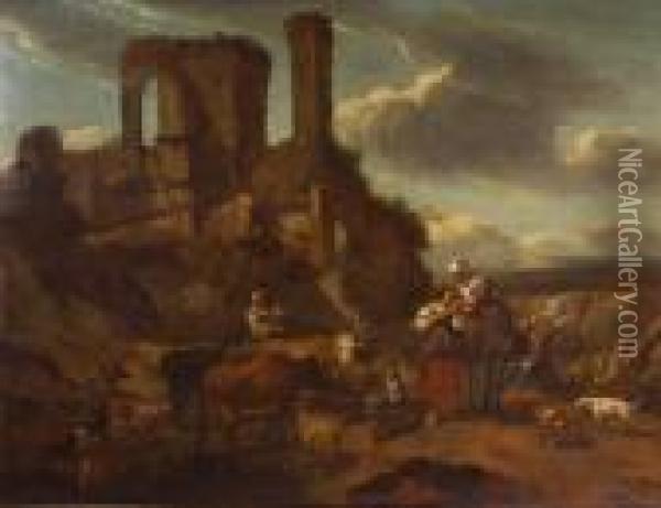 Paesaggio Laziale Con Rovine,
Pastori Ed Armenti Oil Painting - Nicolaes Berchem