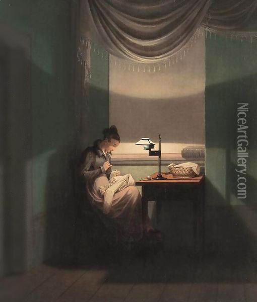 Young Woman Sewing by the Light of a Lamp Oil Painting - Georg Friedrich Kersting
