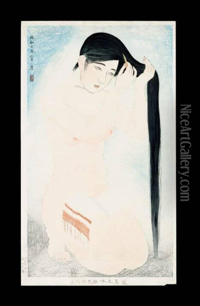 Glossy Dark Hair, No.5 From Womens Manners Of Today Oil Painting - Kobayakawa Kiyoshi