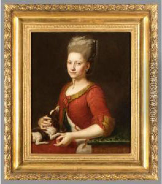 Portrait Of A Young Lady, Half-length, In A Red Dress And Holding A Dog Oil Painting - Anton Graff