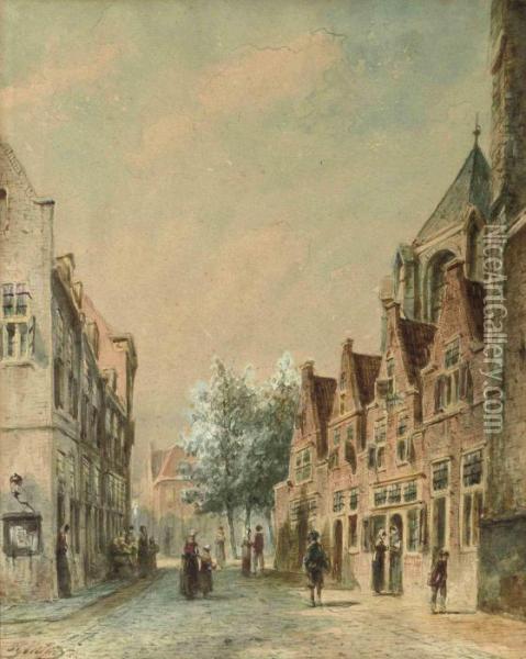 A Townscape With Figures In The Street Oil Painting - Pieter Gerard Vertin