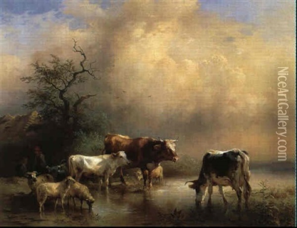 Rinder Und Schafe An Der Seetranke Oil Painting - Friedrich Gauermann