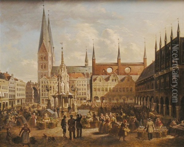 Markttag Auf Dem Lubecker Marktplatz Mit Reicher Personenstaffage Oil Painting - Christian Peter Wilhelm Stolle