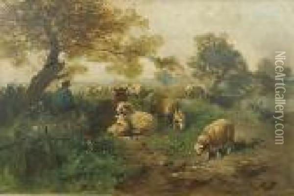 Herder En Schapen Op Rust. Oil Painting - Henry Schouten