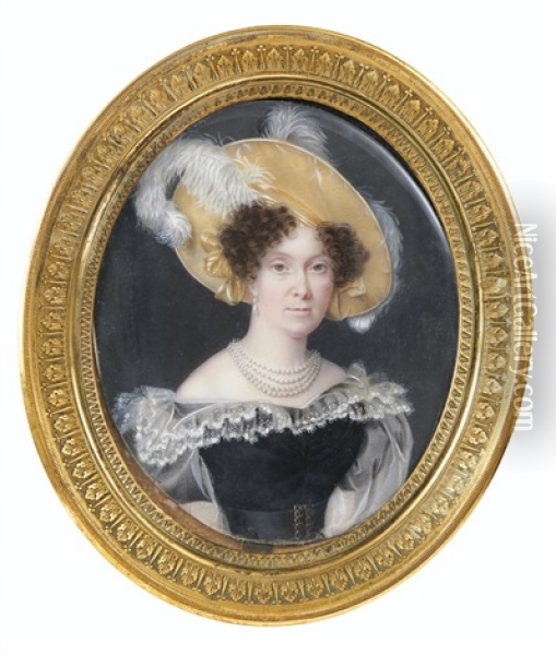 Portrait De Femme Au Chapeau Jaune Et Au Collier De Perles Oil Painting - Guglielmo Faija