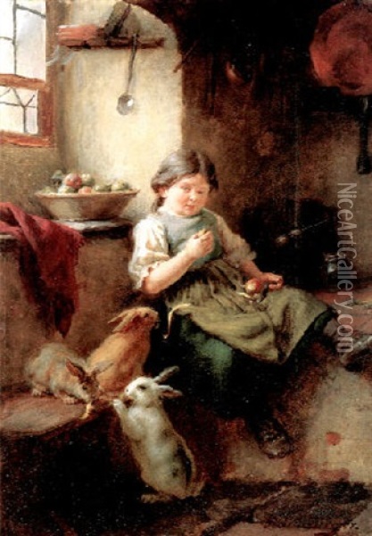 Kucheninterieur Mit Einem Kleinen Madchen Und Drei Kaninchen Oil Painting - Felix Schlesinger