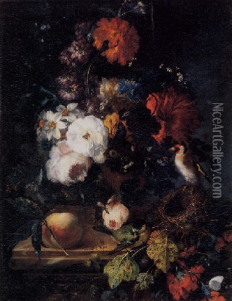 Still Life Of Roses, Narcissus And Other Flowers In An Urn Resting On A Pedestal With A Peach, Butterflies And Two Birds Oil Painting - Johann Baptist Drechsler