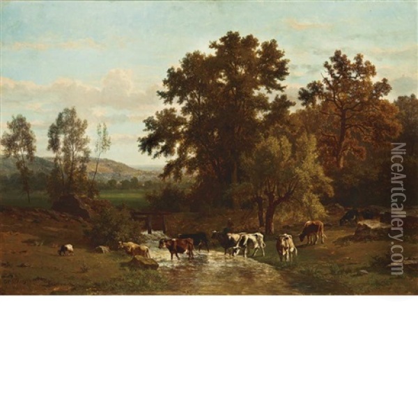 A River Landscape With A Shepherdess And Her Flock Oil Painting - Johannes Hubertus Leonardus de Haas
