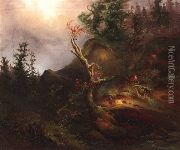 Waldige Gebirgslandschaft Im Abendlicht Oil Painting - Friedrich Gauermann
