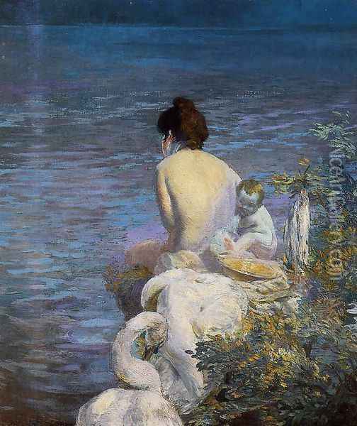 Bather with Child and Swan by the Sea Oil Painting - Paul Albert Besnard