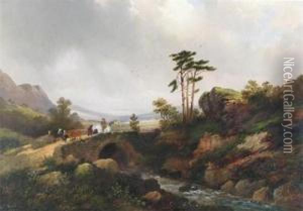 Highland Scene With Travellers On Abridge Oil Painting - Edward Train