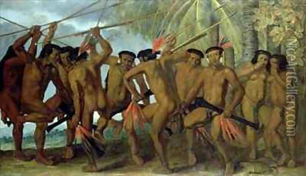 Tapuya men of North Eastern Brazil in war dance Oil Painting - Albert van der Eeckhout