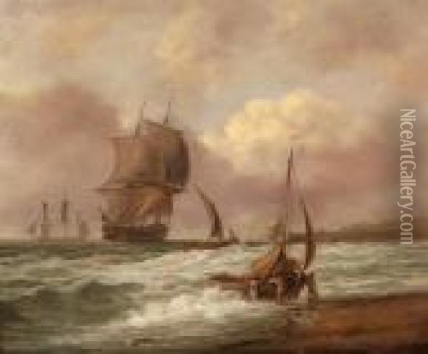 Beach Scene With Figures Launching Aboat Oil Painting - Thomas Luny