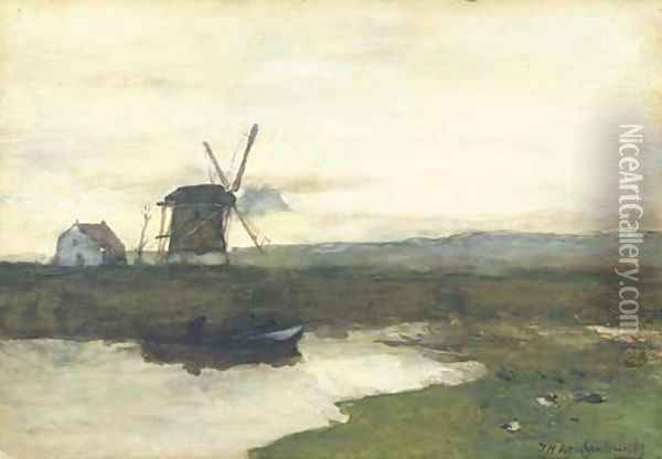 A windmill in a polder landscape Oil Painting - Johan Hendrik Weissenbruch