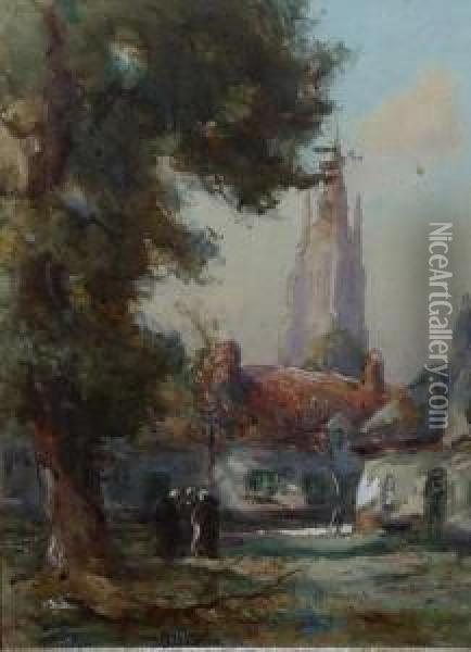 Figures Before A Cottage And A Church Oil Painting - Thomas William Morley