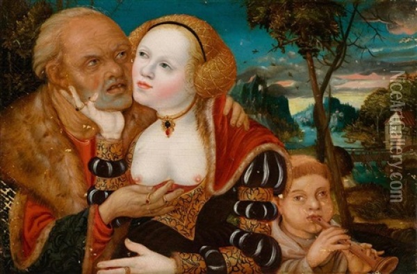 The Ill-matched Lovers With A Fluting Boy Oil Painting - Lucas Cranach the Elder
