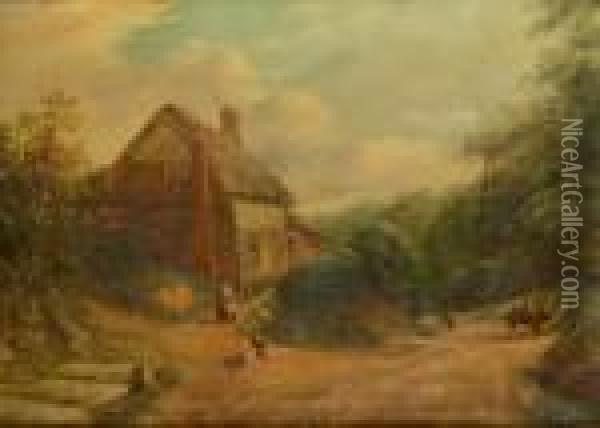 Feedingthe Poultry, Littleover Hollow, Derbyshire Oil Painting - George Turner