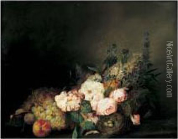 Nature Morte De Fleurs Et Fruits Sur Un Entablement Oil Painting - Louis Vidal