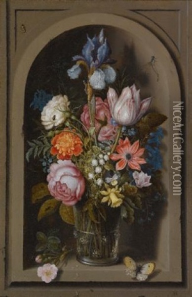 A Still Life Of Flowers In A Glass Beaker Set In A Marble Niche Oil Painting - Ambrosius Bosschaert the Elder