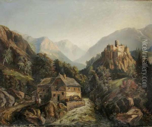 An Alpine Landscape With A Mill And A Castle Oil Painting - Ferdinand Lepie