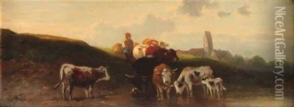 Hirtin Mit Ihren Kuhen Am Dorfweiher Oil Painting - Christian Friedrich Mali
