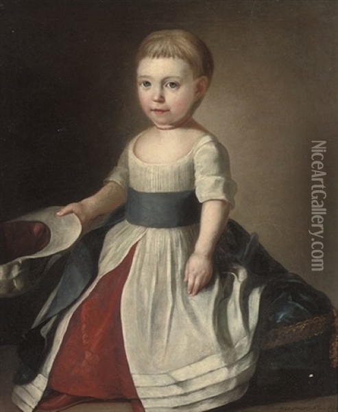 Portrait Of A Young Girl, In A White And Red Dress Oil Painting - Charles Maucourt