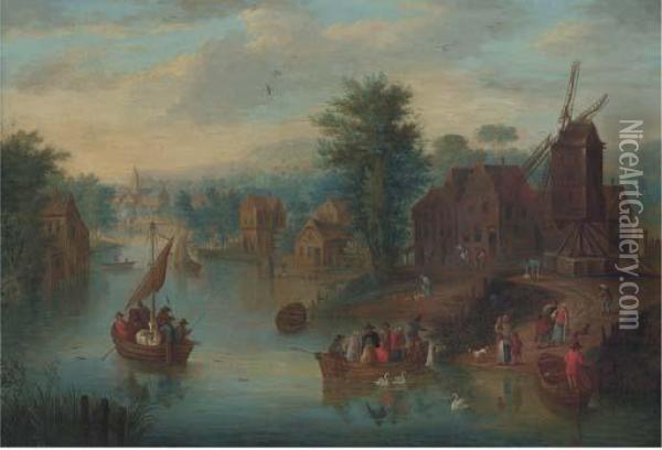 A Riverside Town With Peasants Crossing A River Oil Painting - Joseph van Bredael