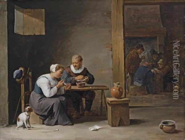 A Man And Woman Smoking A Pipe Oil Painting - David The Younger Teniers