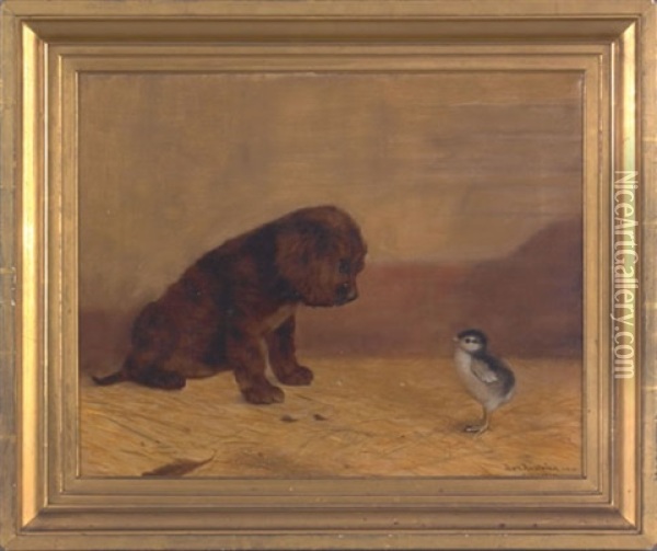 A Chick And Puppy Oil Painting - Ben Austrian