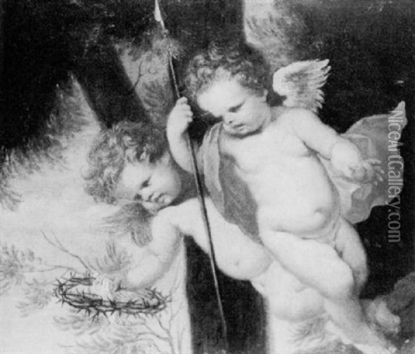 Two Flying Cherubs Holding The Crown Of Thorns And The Spear Of Longinus Oil Painting - Giovanni Andrea Podesta