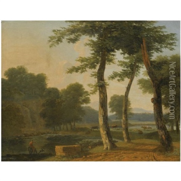 A Pastoral River Landscape With A Figure Beside A Path In The Foreground Oil Painting - Jean Victor Bertin