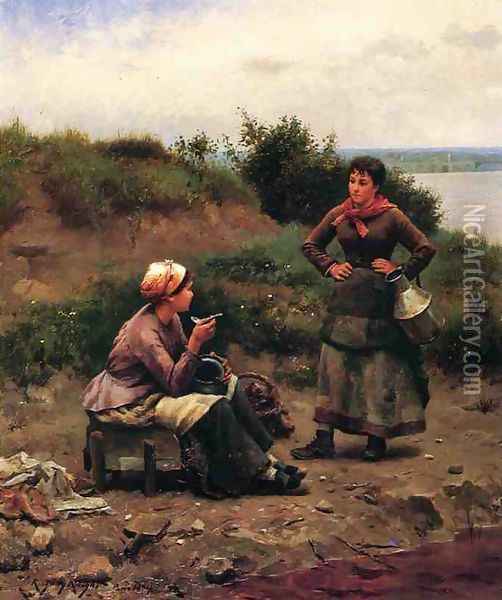 A Discussion Between Two Young Ladies Oil Painting - Daniel Ridgway Knight