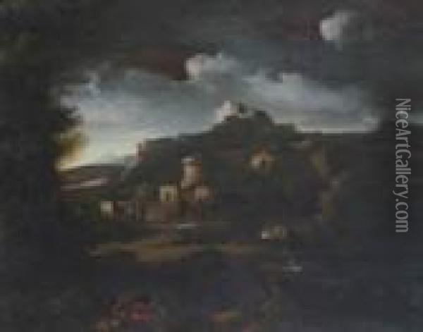 Paesaggio Fluviale Con Ruderi E Pastore Oil Painting - Gaspard Dughet Poussin