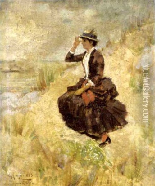 Dame In De Duinen, Kijkend Naar De Zee Oil Painting - Karl Meunier