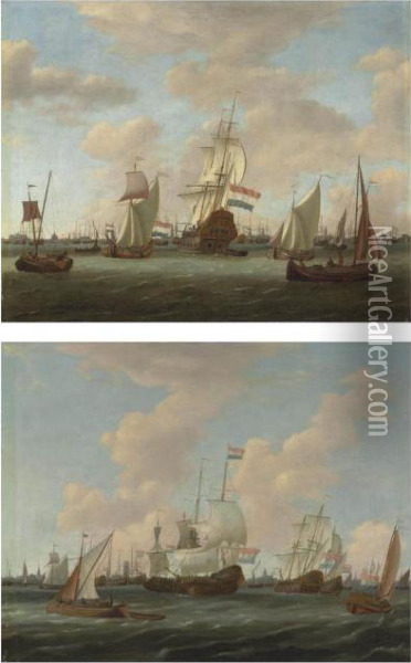 Dutch Shipping In Choppy Waters, A Port Beyond Oil Painting - Abraham Storck