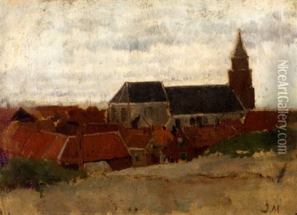 Gezicht Op De Kerk In Het Vissersdorp Scheveningen Oil Painting - Jacob Henricus Maris