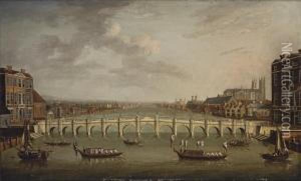 A View Of The Thames, London, 
With Westminster Bridge And The Abbeyand Palace Of Westminster Beyond Oil Painting - Samuel Scott