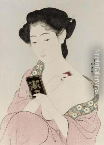 Kesho No Onna (woman Applying Make-up) Oil Painting - Goyo Hashiguchi