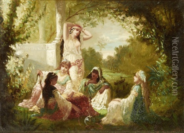 Oriental Beauties In A Garden Oil Painting - Antoine-Victor-Edmond Joinville