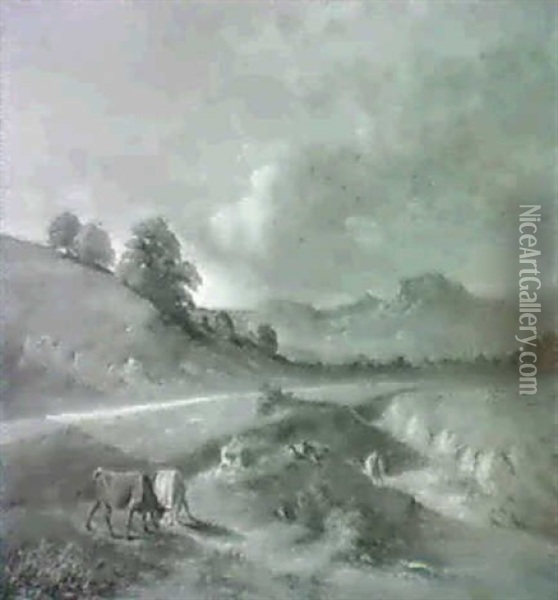 Hugellandschaft Mit Vieh Oil Painting - Jean-Baptiste Muntzberger