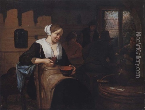 A Tavern Interior With A Lady Eating A Bowl Of Soup, Other Figures By A Window Beyond Oil Painting - Richard Brakenburg
