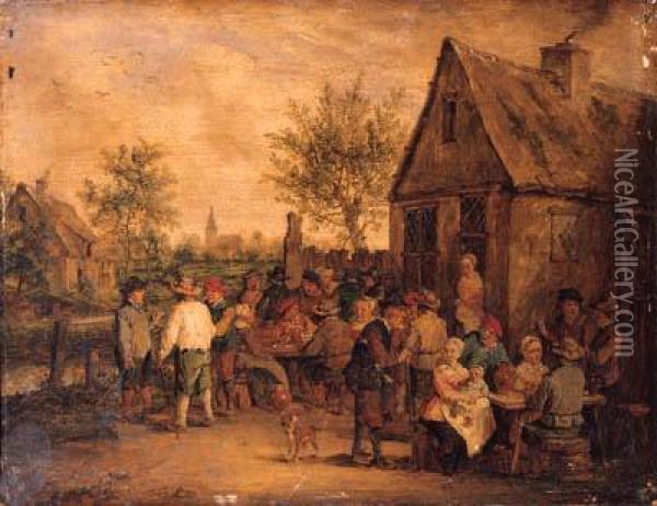 Boors Smoking, Drinking And Playing At Cards Outside An Inn Oil Painting - David The Younger Teniers