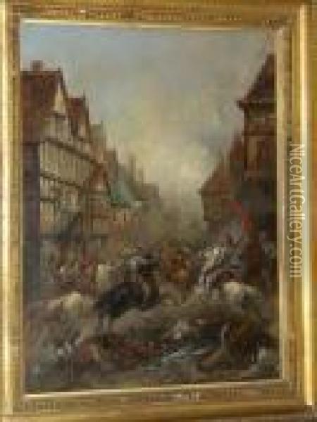 Cavalry Skirmish In A Town Oil Painting - Charles Cattermole