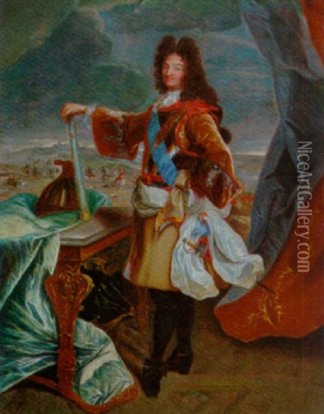 Portrait Of Louis Xiv In A Brown Coat With A Breastplate And Blue Sash, Holding A Baton In His Right Hand, A Battle Field Beyond Oil Painting - Hyacinthe Rigaud