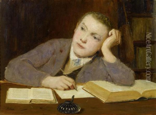 A Boy Writing Oil Painting - Albert Anker